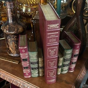 Vintage Book Set with Red and Gold Accents